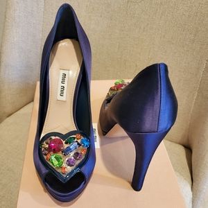 Miu Miu Satin Peeptoe Jeweled Heart Pumps